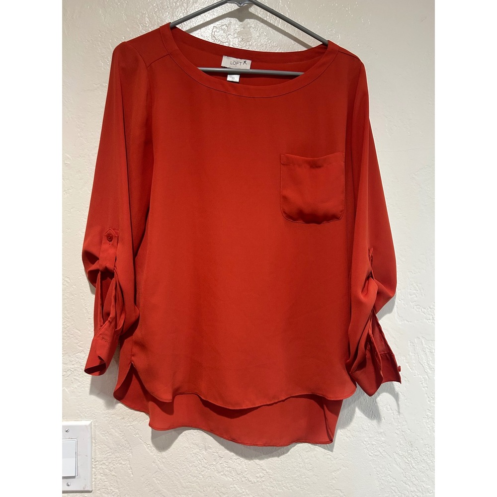 LOFT Women XS Burnt Orange Roll Tab Sleeve Pocket Blouse High Low Scoop Neck Top